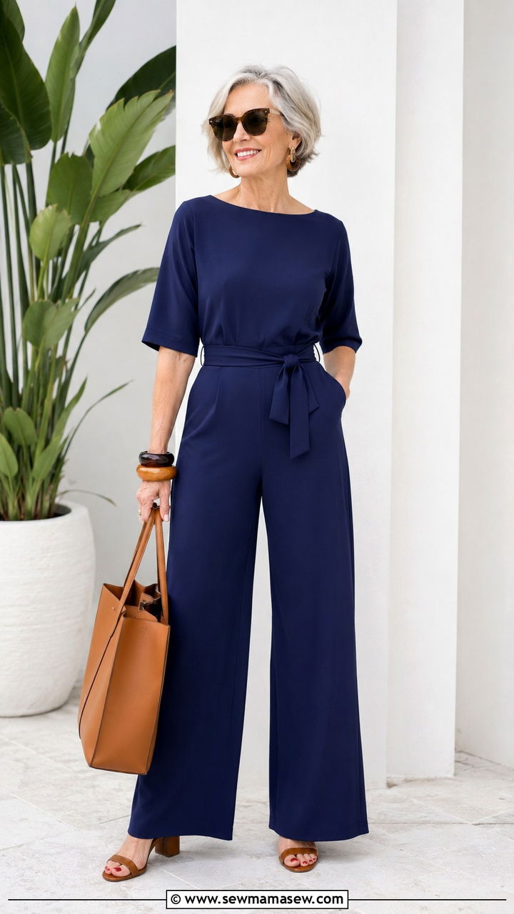 Wide leg jumpsuit with a structured tote - 25 Modest outfits for women over 60