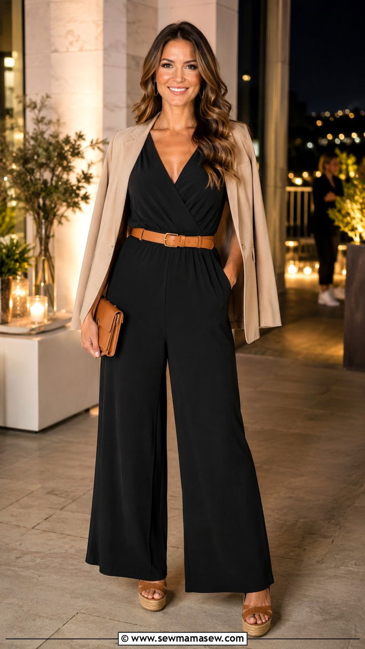 Wide leg jumpsuit with belt and wedge sandals - 25 Outfit ideas for wide calves