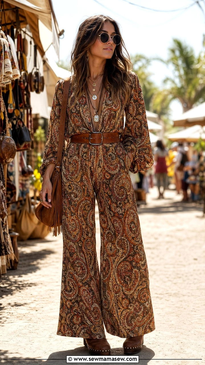 Wide leg jumpsuit with clogs and layered necklaces outfit - 35 70s inspired outfits