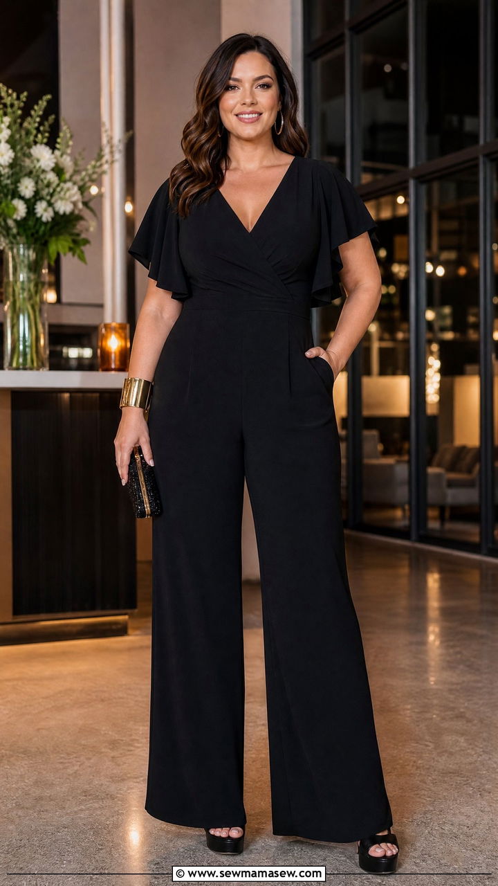 Wide leg jumpsuit with flutter sleeves - 25 Flattering outfits for big arms