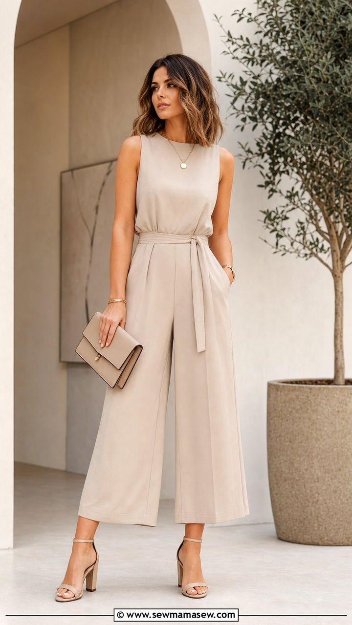 Wide leg jumpsuit with heeled sandals - 35 Business casual outfits for summer heat