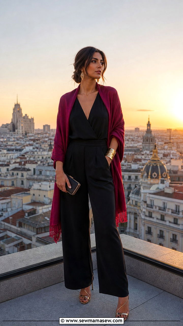 Wide leg jumpsuit with heeled sandals for a rooftop terrace - 40 What to wear in Madrid