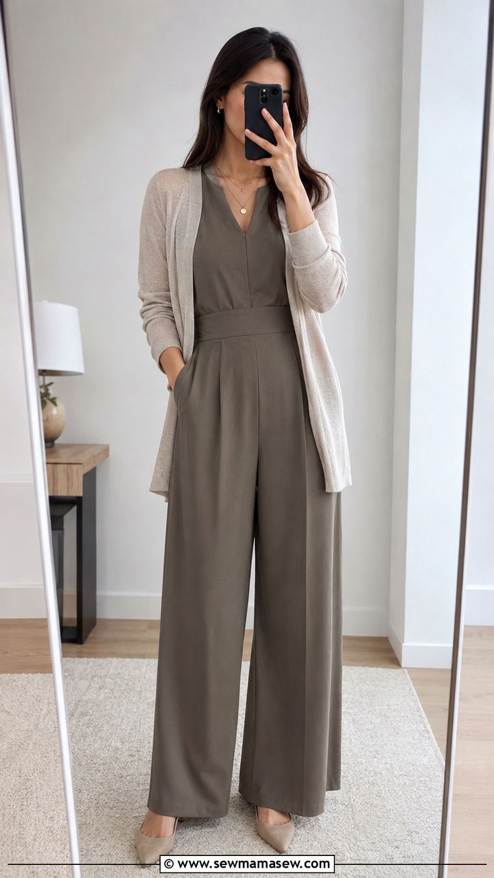 Wide leg jumpsuit with light cardigan outfit - 30 transitional work outfit ideas