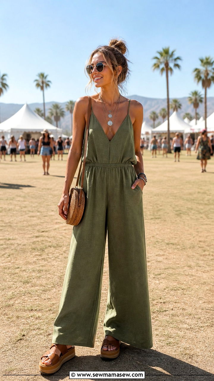 Wide leg jumpsuit with platform sandals - 40 festival outfits ideas