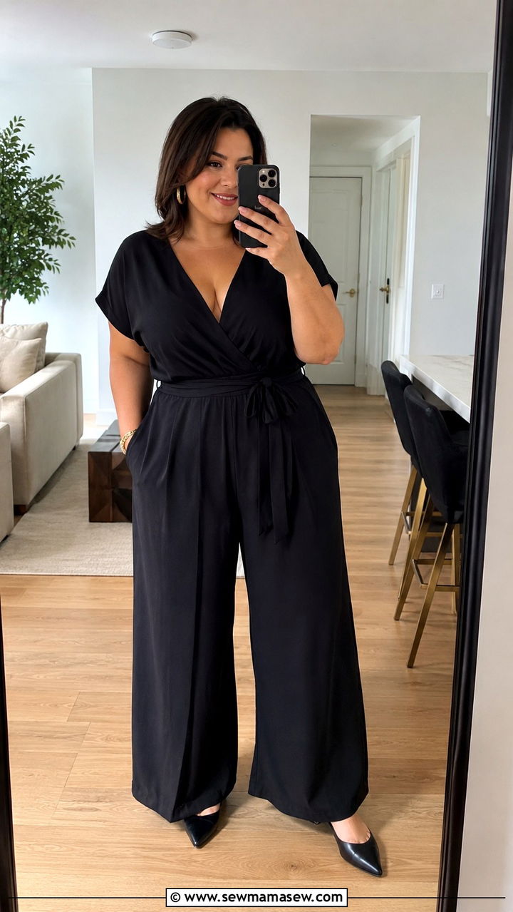 Wide leg jumpsuit with pointed flats - 30 Petite plus size outfit ideas
