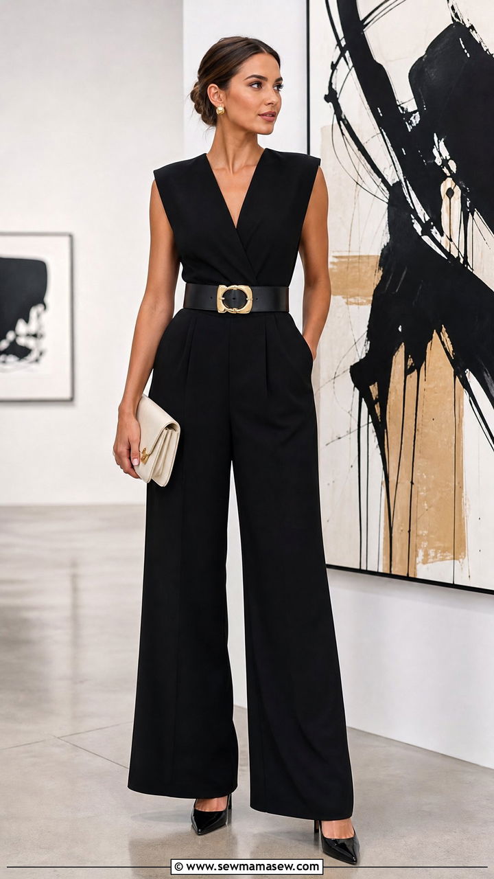 Wide leg jumpsuit with statement belt - 30 Cool evening outfit ideas