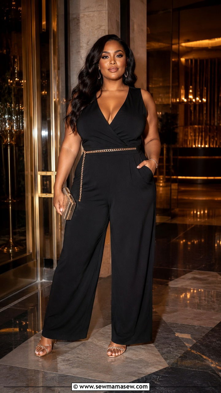 Wide leg jumpsuit with strappy heels - 25 Outfit ideas for thick thighs
