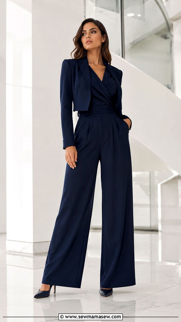Wide leg jumpsuit with structured jacket outfit - 30 Spring outfits to hide belly fat