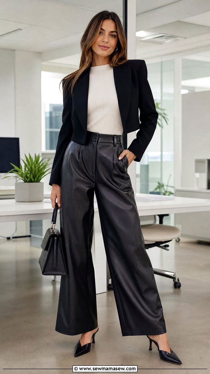 Wide leg leather pants office outfit - 25 Leather pants outfit ideas for work