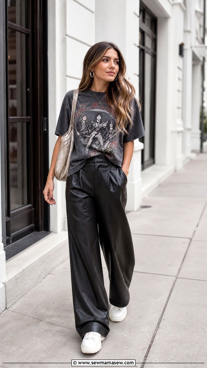 Wide leg leather pants with graphic tee and sneakers brunch - 25 Brunch outfit ideas with wide leg pants