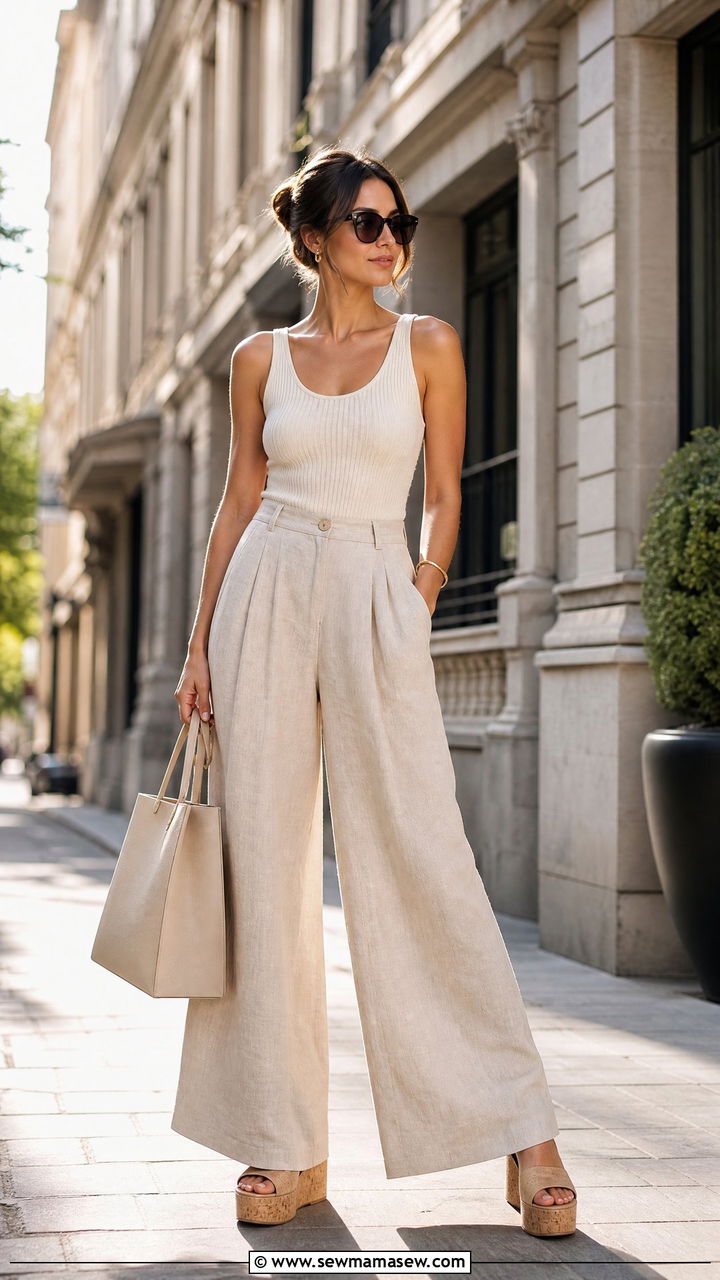 Wide leg linen pants and platform sandals - 30 summer outfits with platform sandals