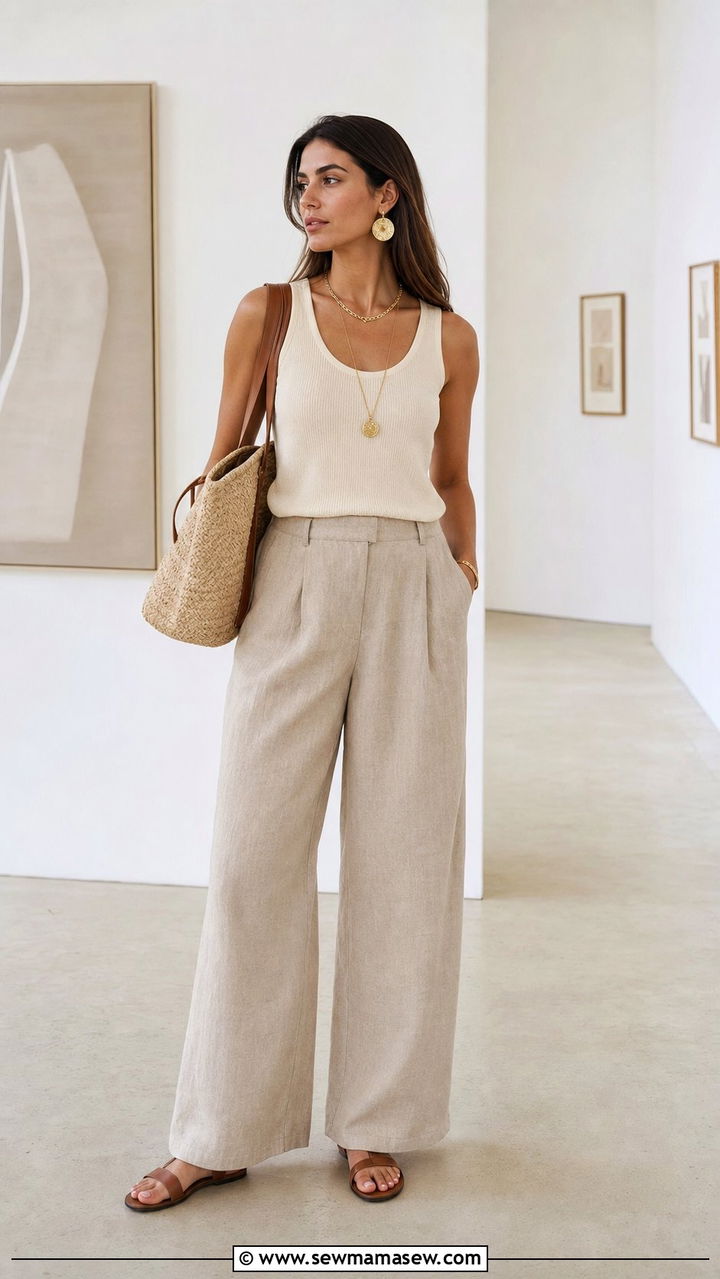 Wide leg linen pants and tank with gold necklaces - 25 summer outfits with gold jewelry