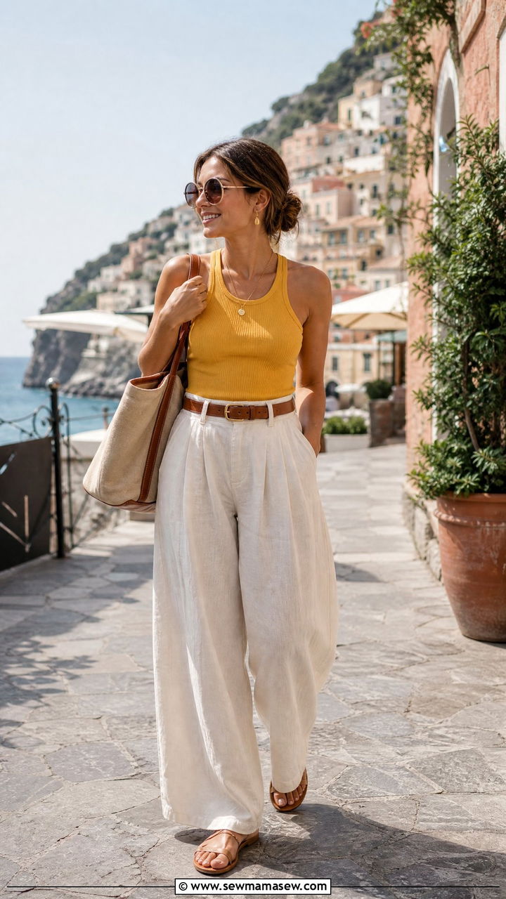 Wide leg linen pants tank top petite vacation outfit - 25 Vacation outfits for petite women