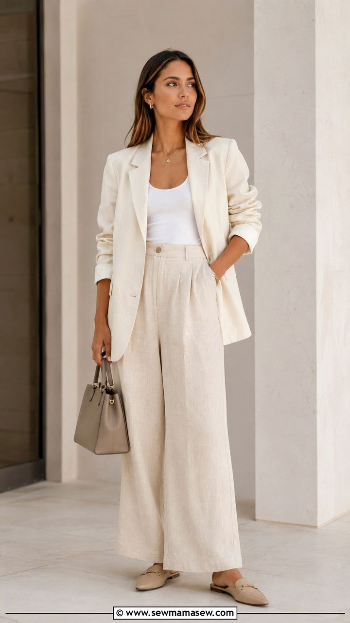 Wide leg linen pants with blazer and tank top - 30 Linen pants outfit ideas with a tank top