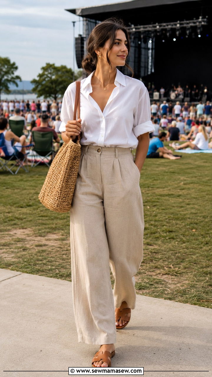 Wide leg linen pants with button down shirt and sandals - 30 modest summer concert outfit ideas