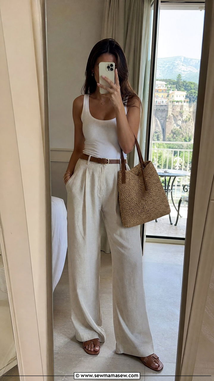 Wide leg linen pants with tank top and woven tote - 25 casual Italy outfits