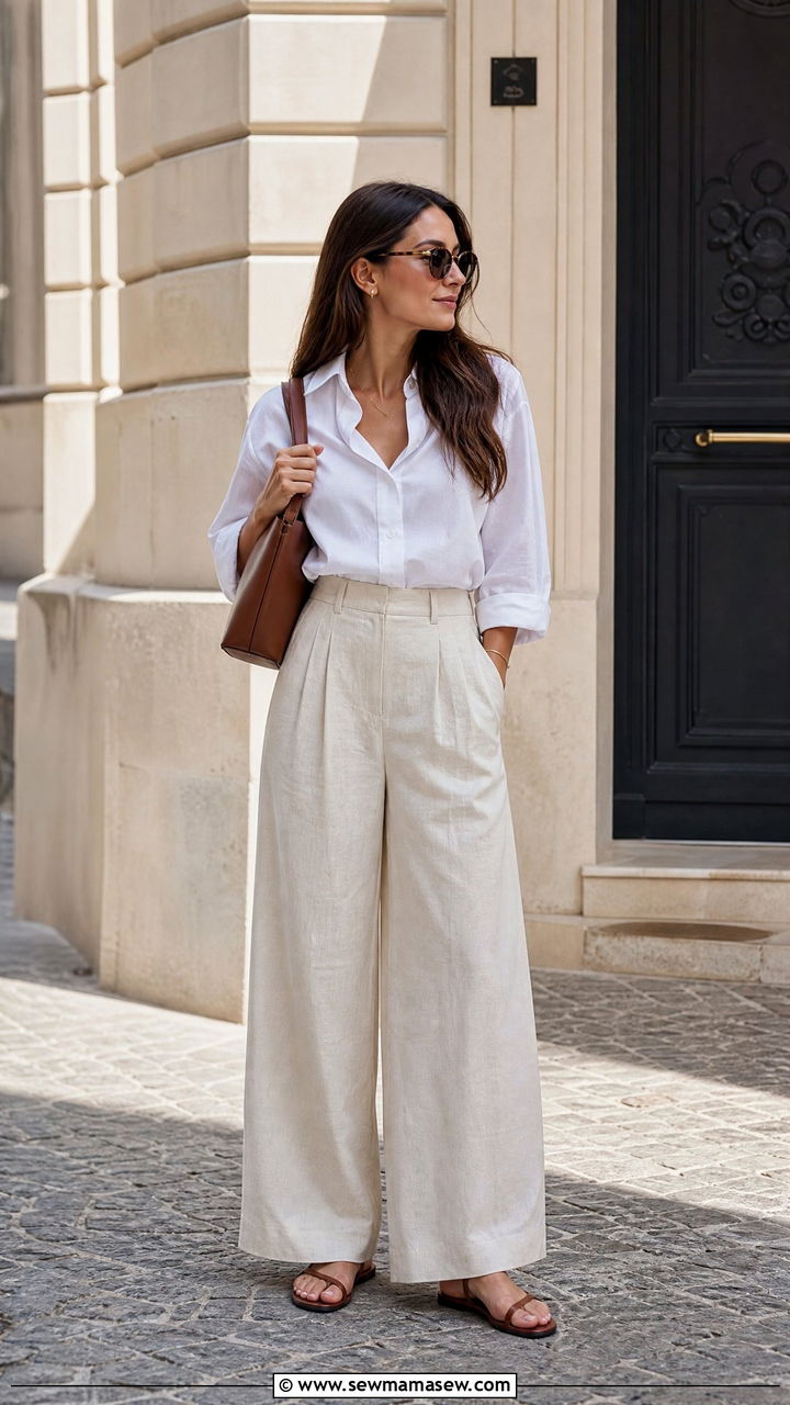 Wide leg linen trousers and blouse with flat sandals - 30 summer outfits with flat sandals