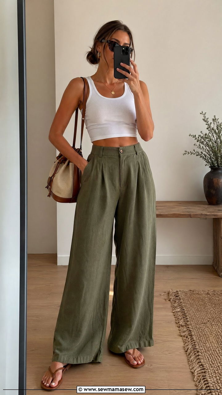 Wide leg linen trousers and crop top summer outfit - 35 Cool summer outfits