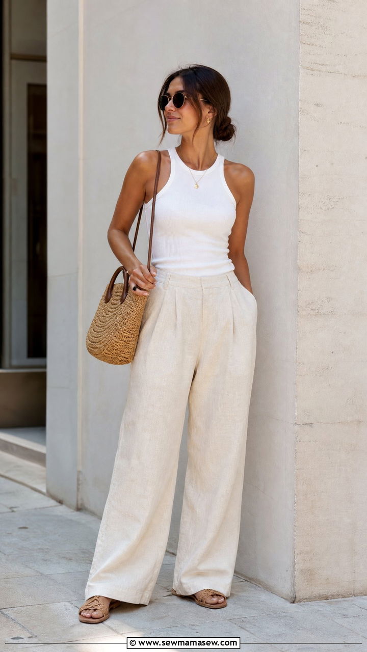 Wide leg linen trousers and ribbed tank top city break outfit - 30 summer city break outfit ideas