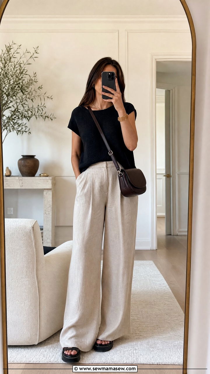 Wide leg linen trousers with a crossbody bag - 20 Spring outfits with crossbody bags