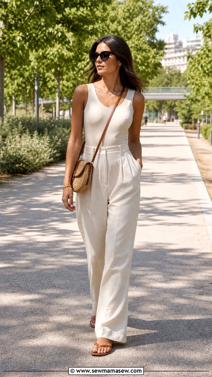 Wide leg linen trousers with a sleeveless bodysuit and flat sandals - 40 What to wear in Madrid