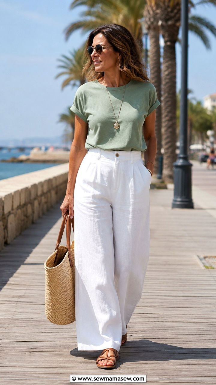 Wide leg linen trousers with a tucked in cotton tee - 20 Menopause outfit ideas