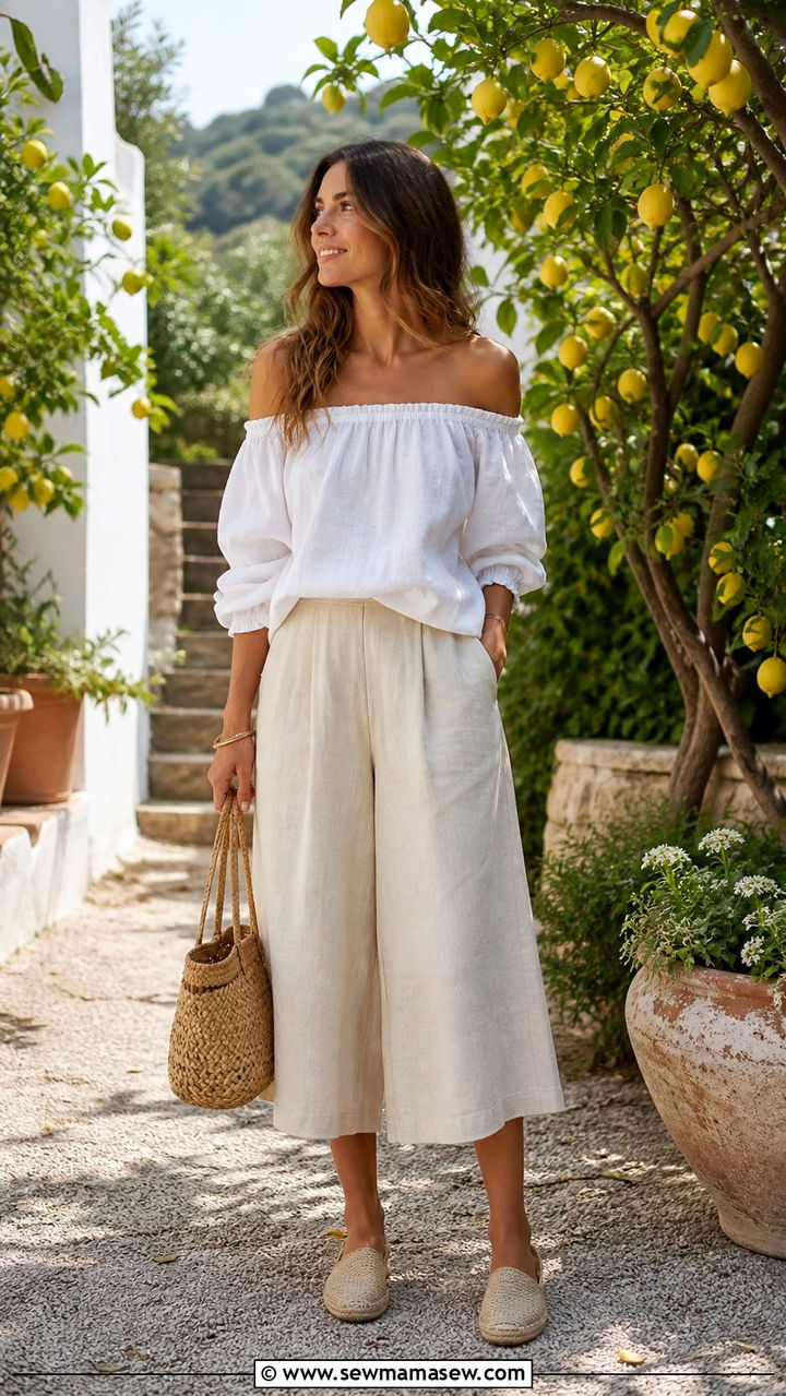 Wide leg linen trousers with crop top - 40 Italy outfits