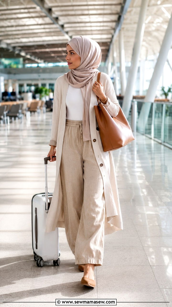 Wide leg linen trousers with longline cardigan - 25 Vacation outfit ideas Muslim women