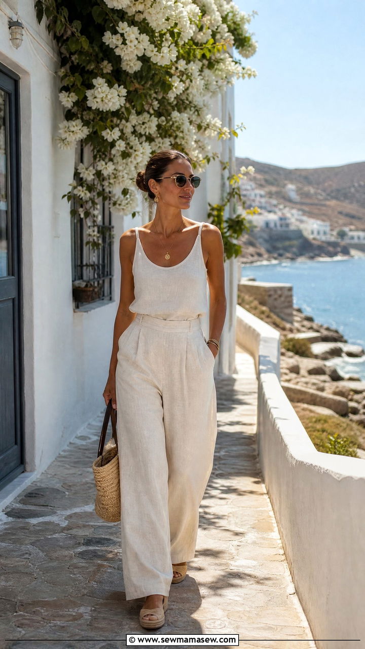 Wide leg linen trousers with tank top outfit - 30 summer 90s outfit ideas