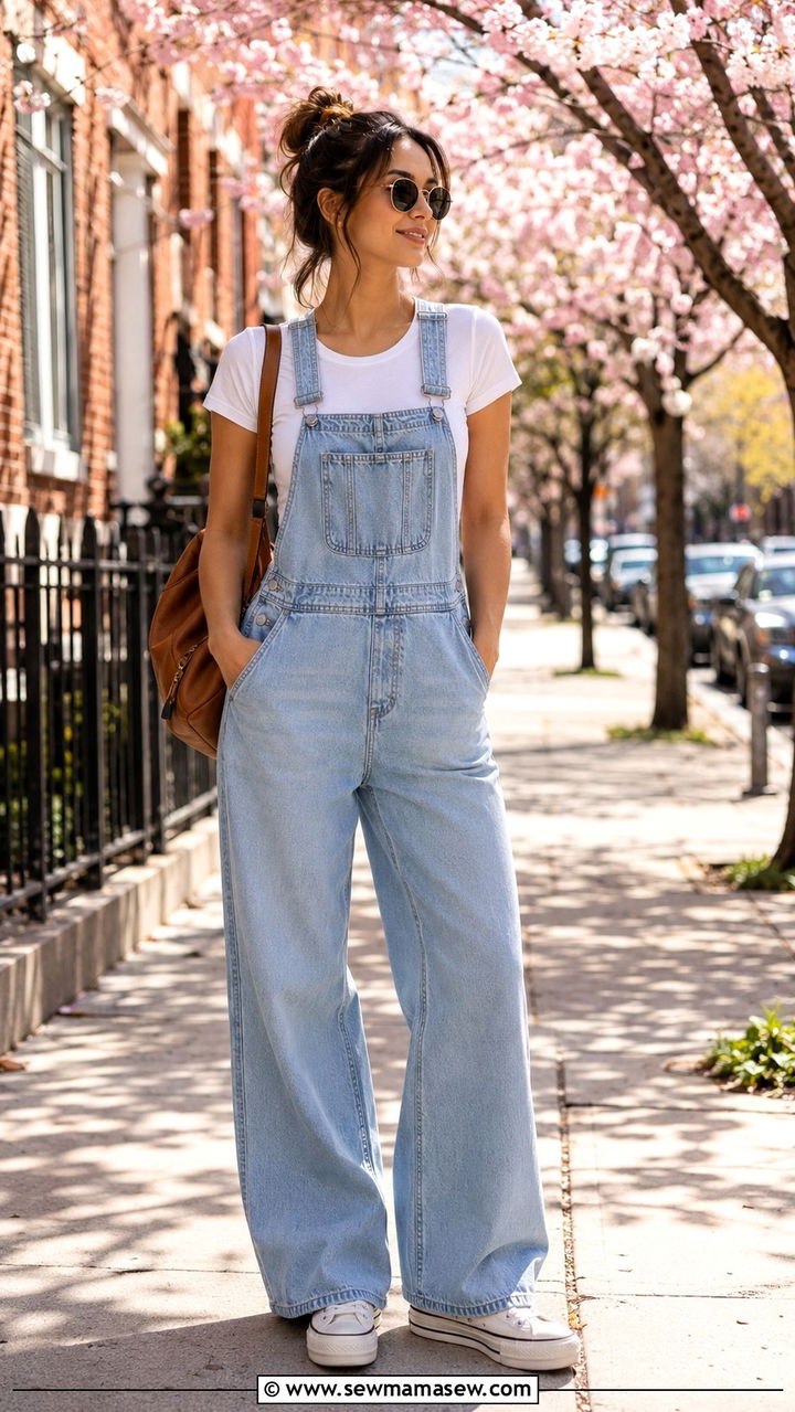 Wide leg overalls with fitted tee - 30 Spring outfits for family vacation
