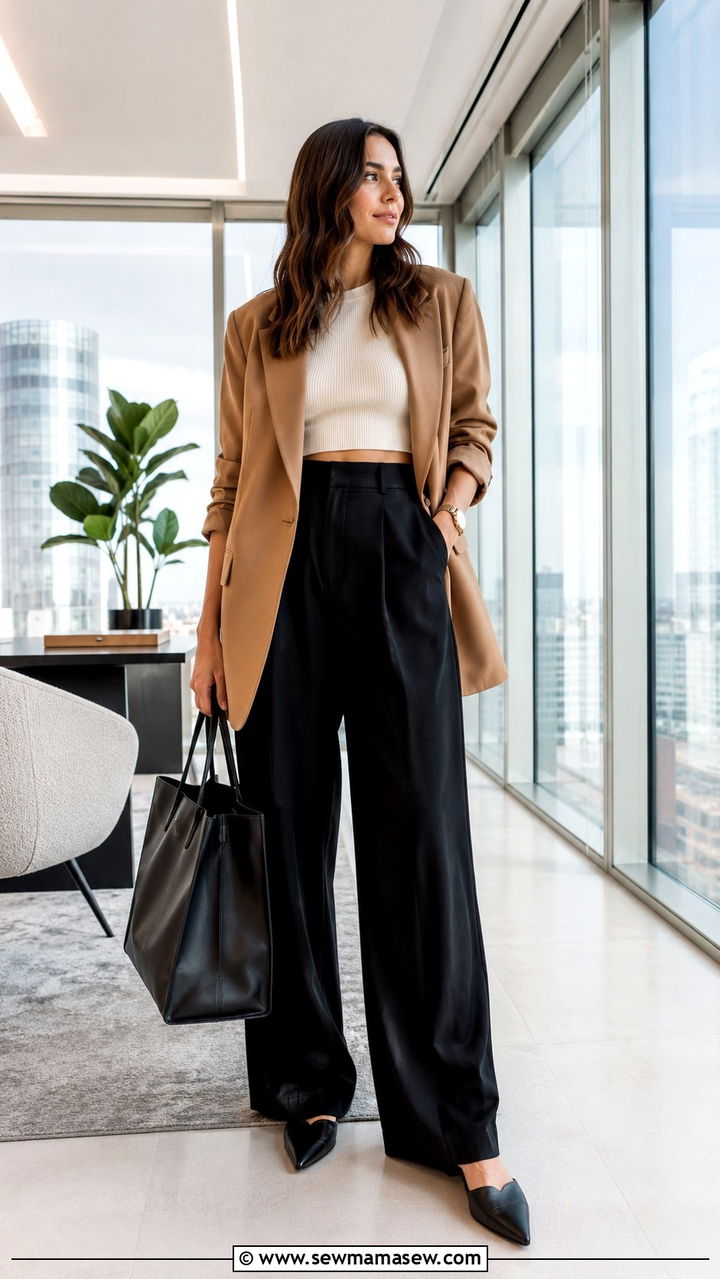Wide leg palazzo trousers with cropped top and oversized blazer - 30 Internship outfit ideas for women