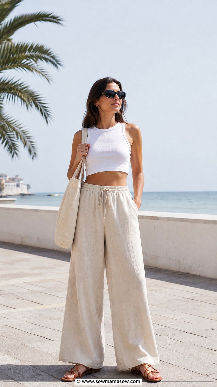 Wide leg pants and crop top beach look - 30 Summer beach day outfit ideas
