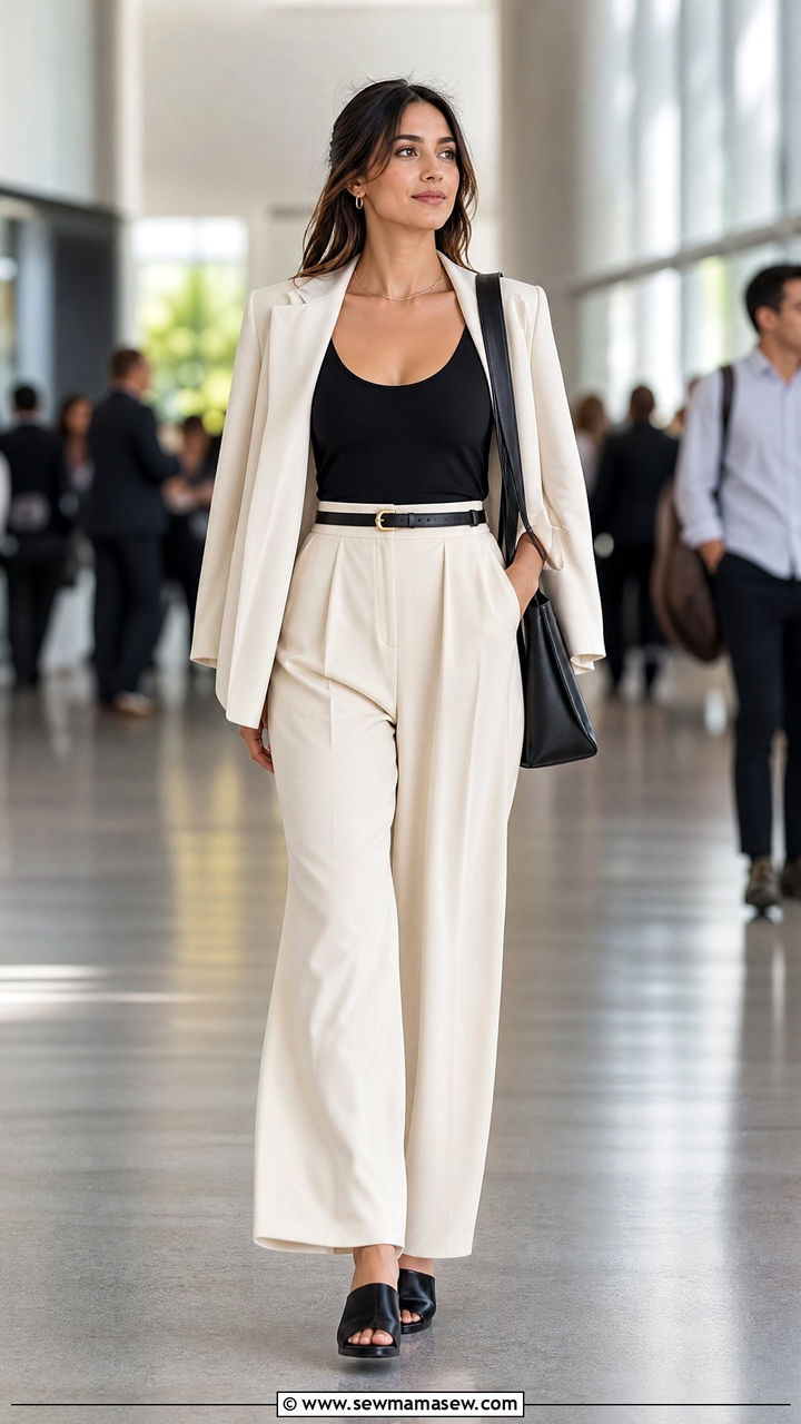 Wide leg pants and fitted bodysuit with mules - 35 Marketing conference outfit ideas