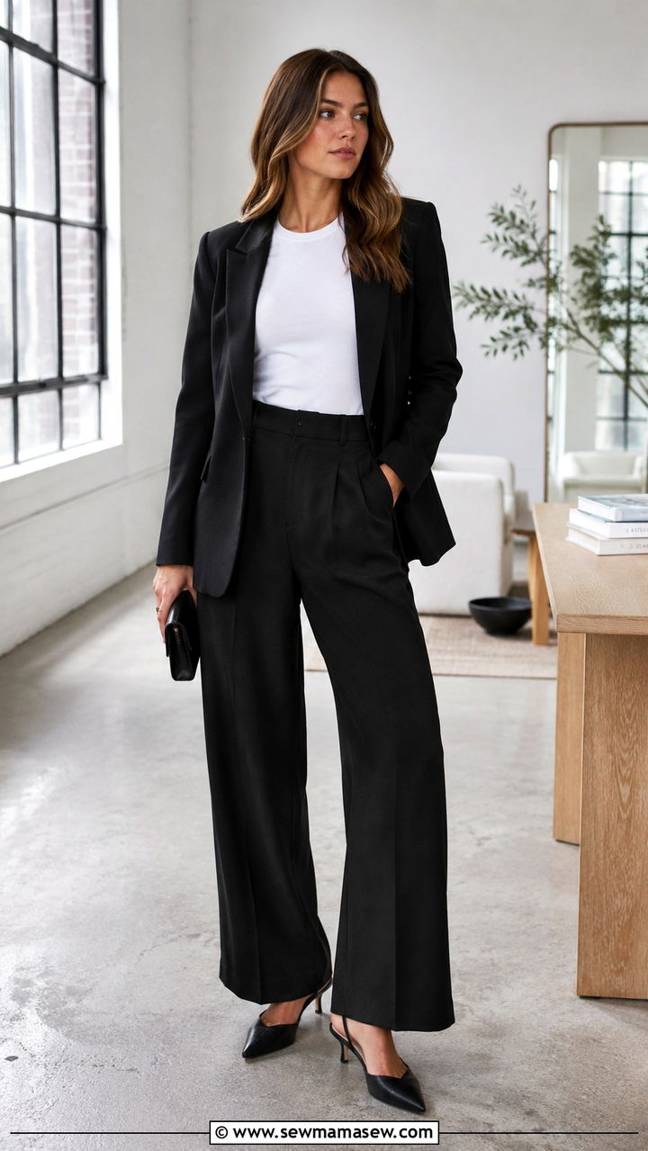 Wide leg pants with black blazer and white tee - 25 Wide leg pants outfit ideas with a blazer
