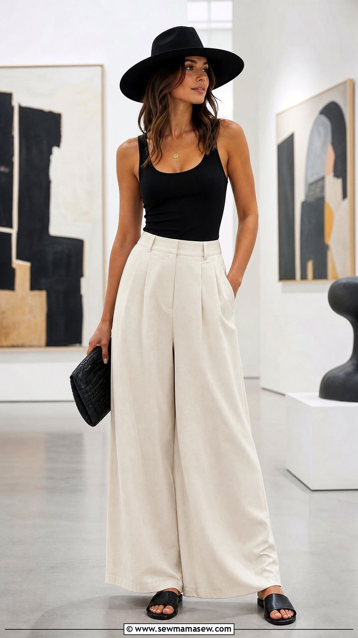 Wide leg pants with black wide brim hat - 30 Summer outfits with hats