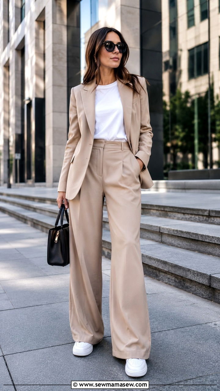 Wide leg pants with blazer and sneakers outfit - 25 Wide leg pants outfit ideas with sneakers