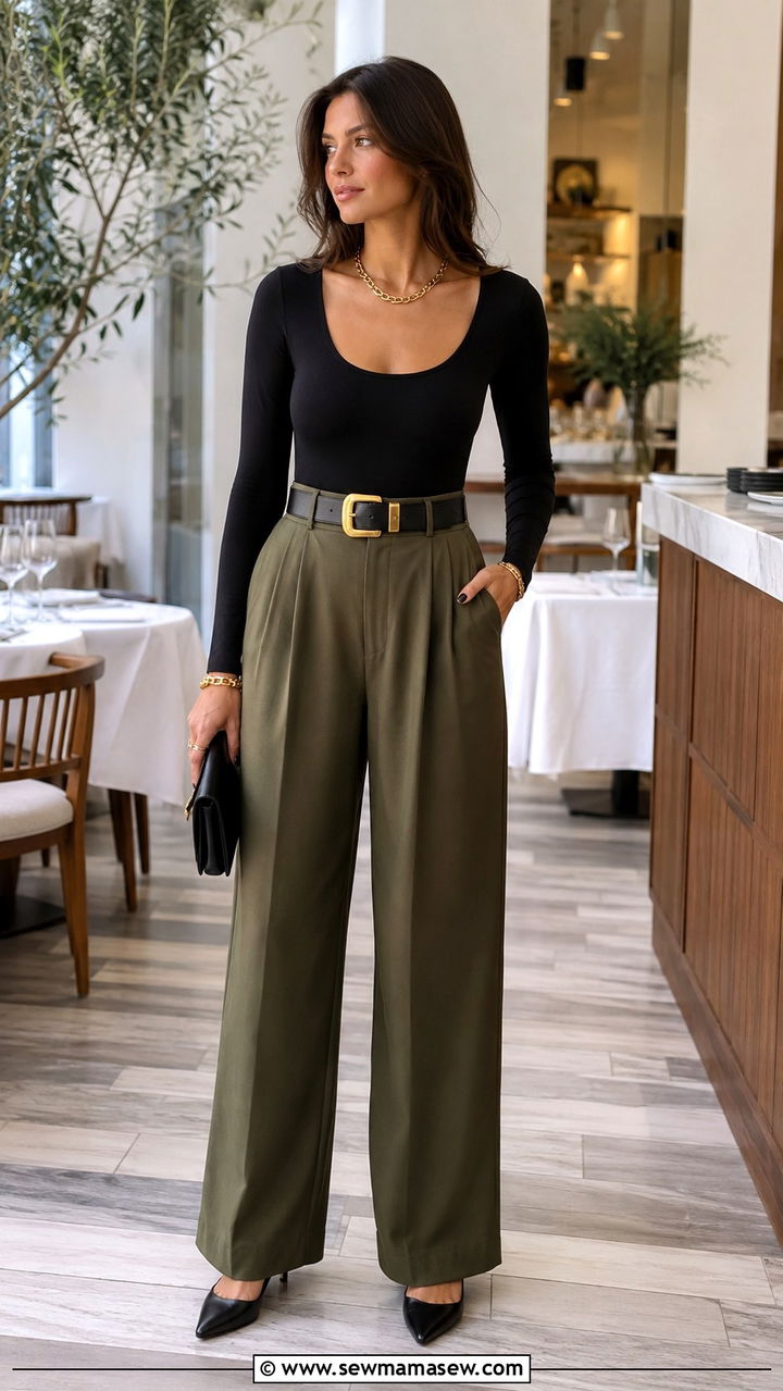 Wide leg pants with bodysuit and statement belt - 30 spring wide leg pants outfit ideas