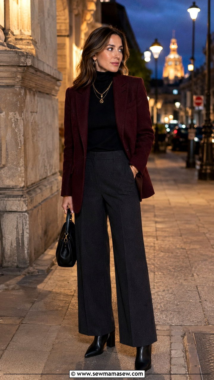 Wide leg pants with burgundy blazer winter outfit - 25 Wide leg pants outfit ideas with a blazer