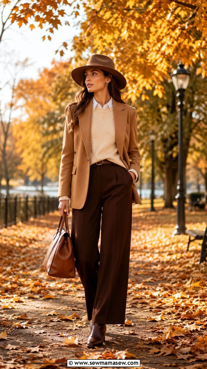 Wide leg pants with camel blazer fall outfit - 25 Wide leg pants outfit ideas with a blazer