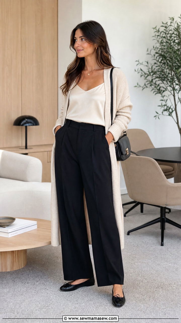 Wide leg pants with cardigan outfit - 25 Business casual outfits with wide leg pants