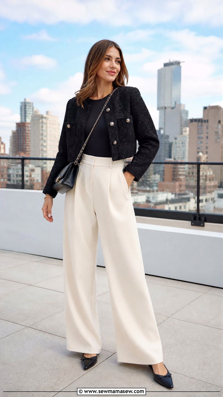 Wide leg pants with cropped jacket outfit - 25 Business casual outfits with wide leg pants