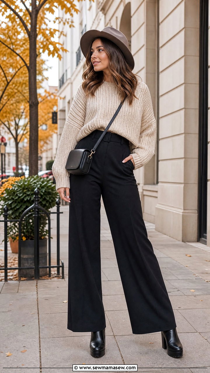 Wide leg pants with cropped sweater and ankle boots brunch - 25 Brunch outfit ideas with wide leg pants
