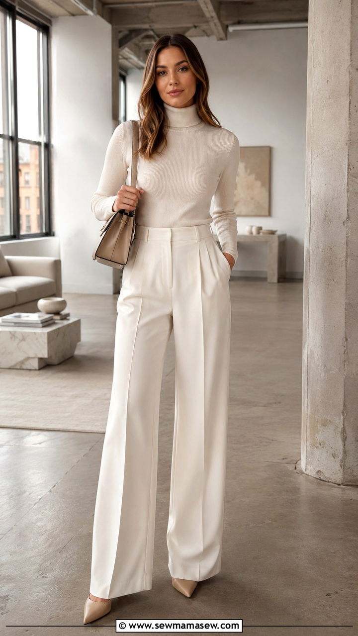 Wide leg pants with fitted turtleneck - 30 Petite outfit ideas tips