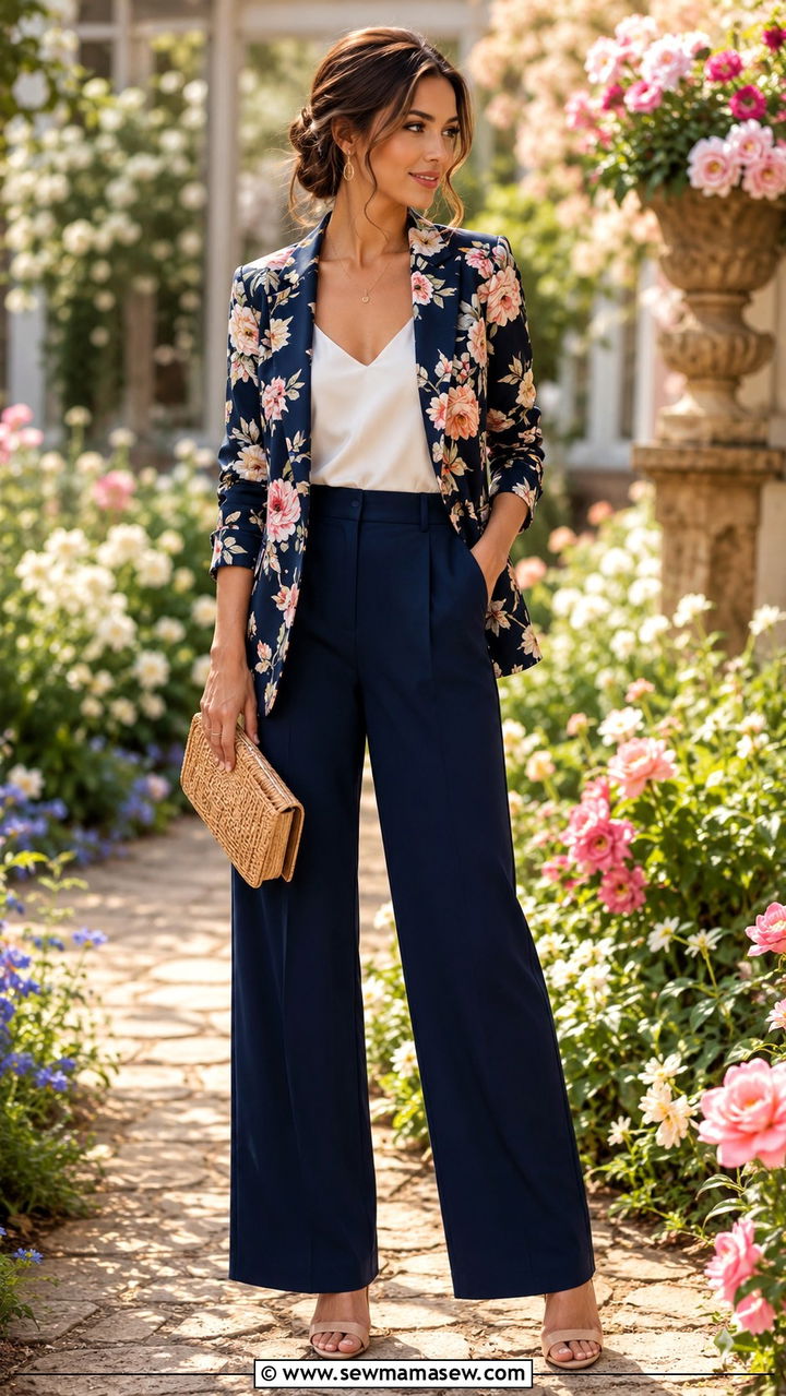 Wide leg pants with floral blazer - 25 Wide leg pants outfit ideas with a blazer