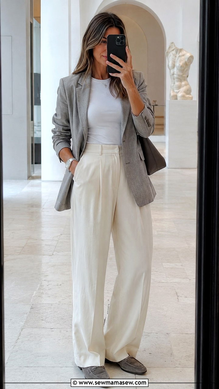 Wide leg pants with gray blazer minimalist look - 25 Wide leg pants outfit ideas with a blazer