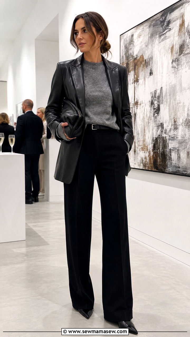 Wide leg pants with leather blazer - 25 Wide leg pants outfit ideas with a blazer