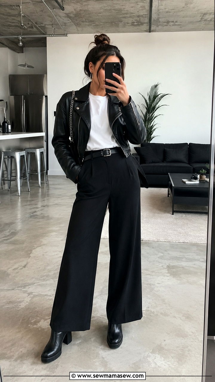 Wide leg pants with leather jacket and ankle boots - 30 spring wide leg pants outfit ideas