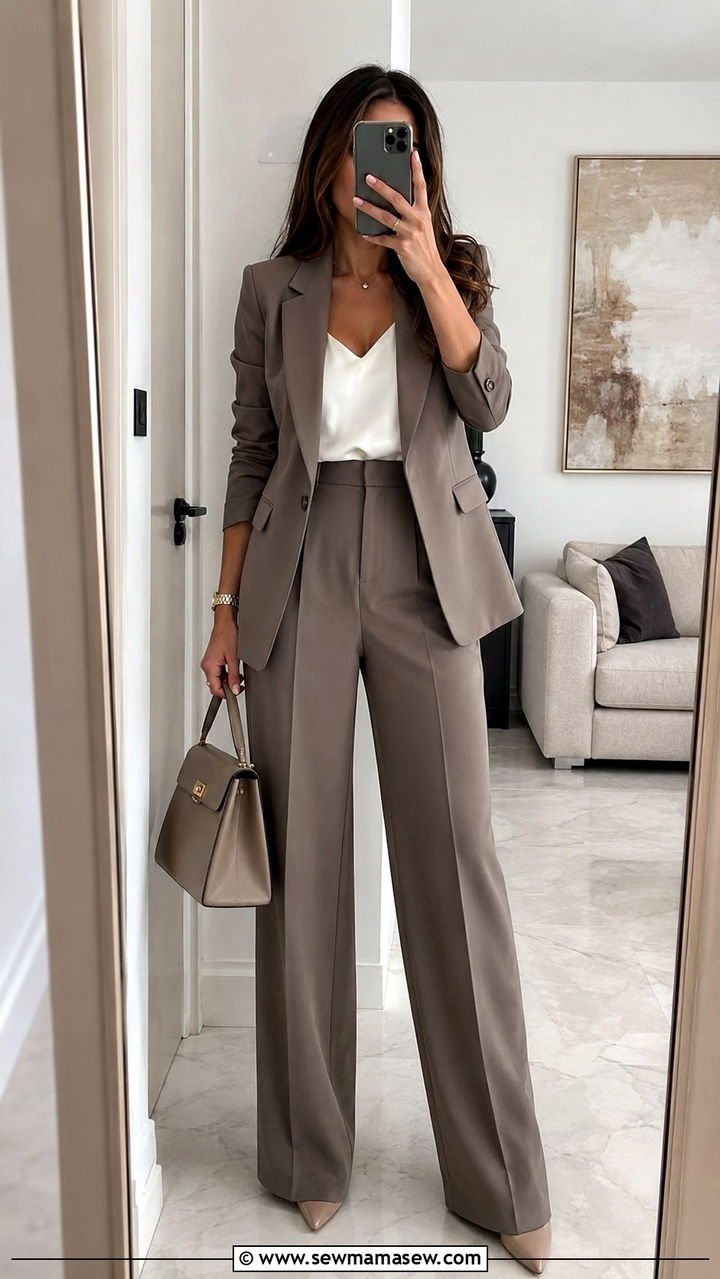 Wide leg pants with matching blazer suit set - 25 Wide leg pants outfit ideas with a blazer