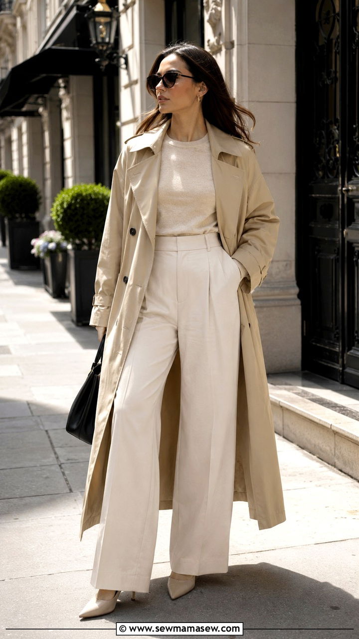 Wide leg pants with trench coat and heels - 25 Wide leg pants outfit ideas with heels