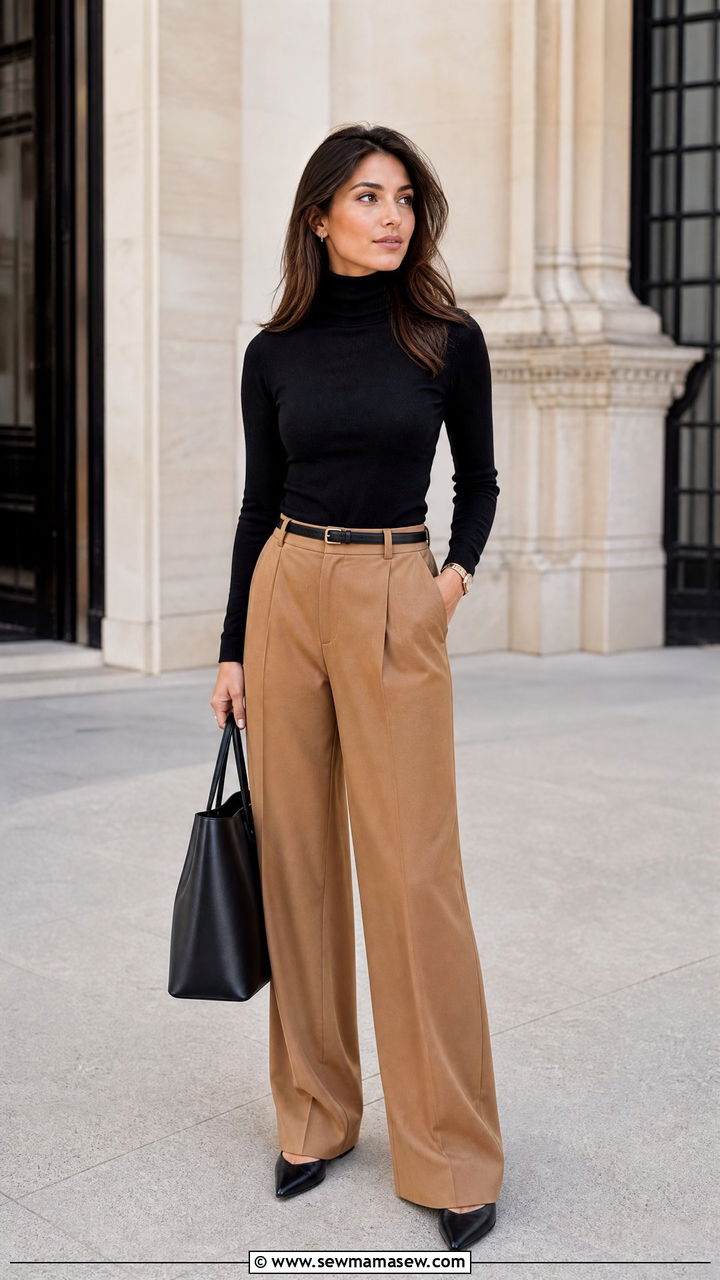 Wide leg pants with turtleneck work look - 25 Business casual outfits with wide leg pants